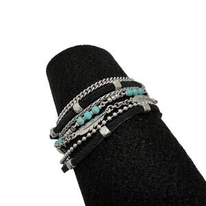 LUCKY BRAND Black Leather Multi Strand Bracelet Turquoise Beads Feather Boho
